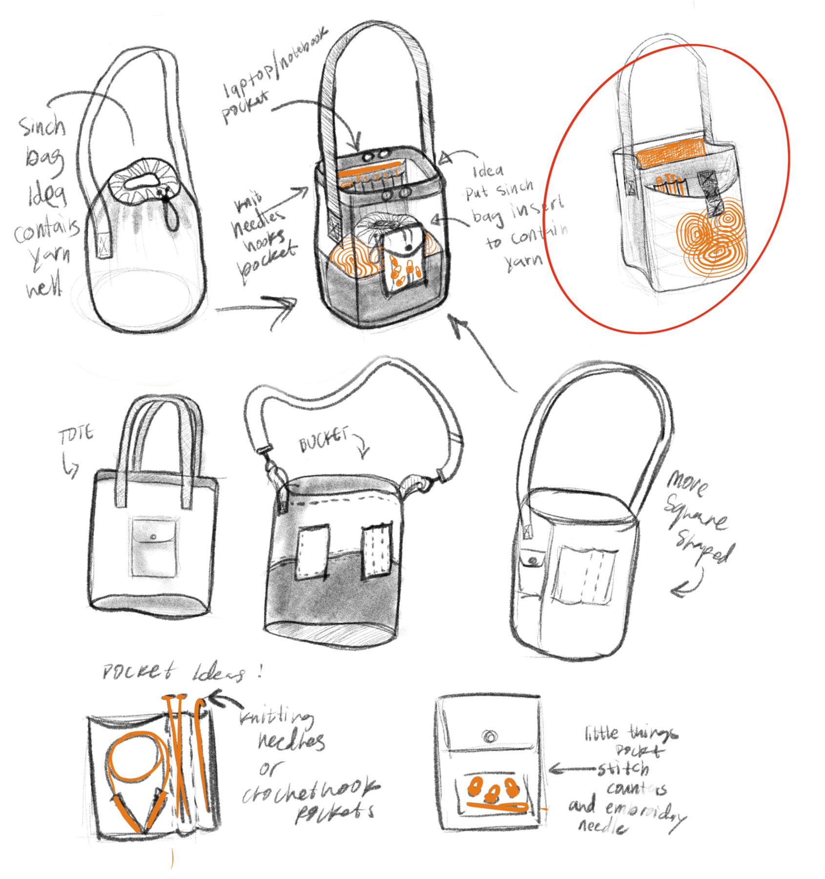 Hand-drawn bag concept sketches with annotations