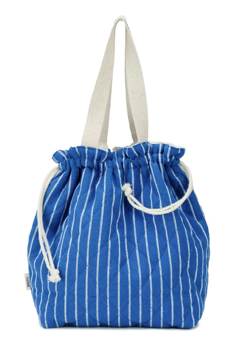 Blue striped drawstring knitting bag