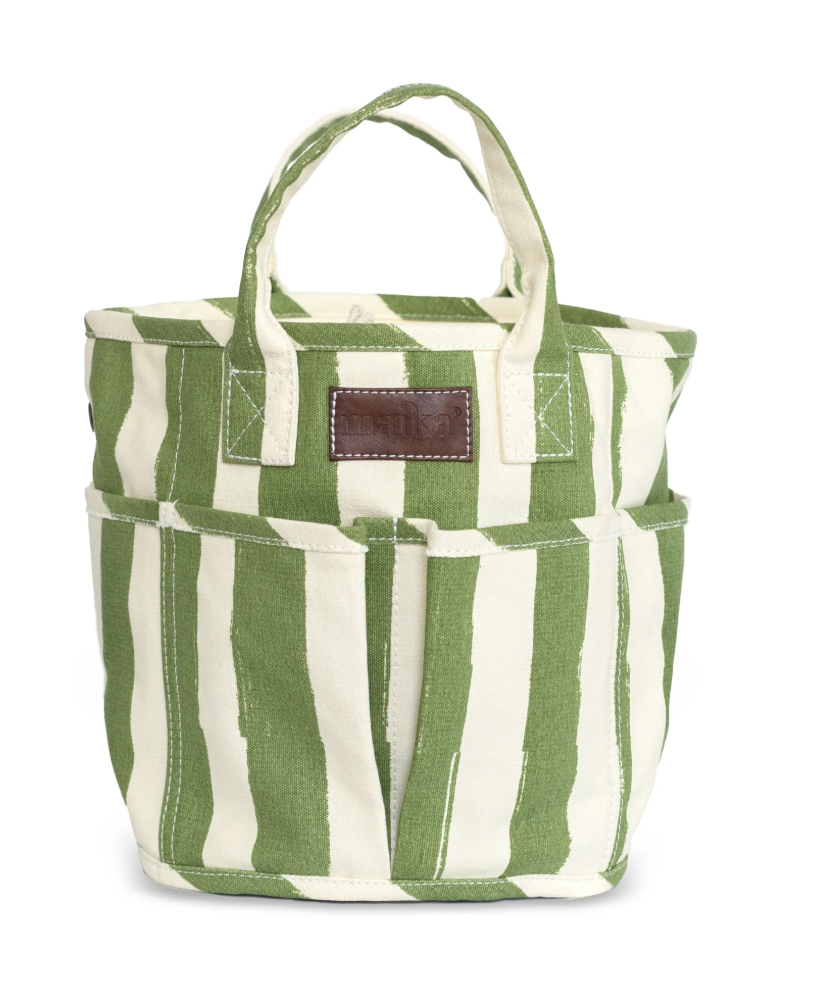 Green and white striped knitting bag