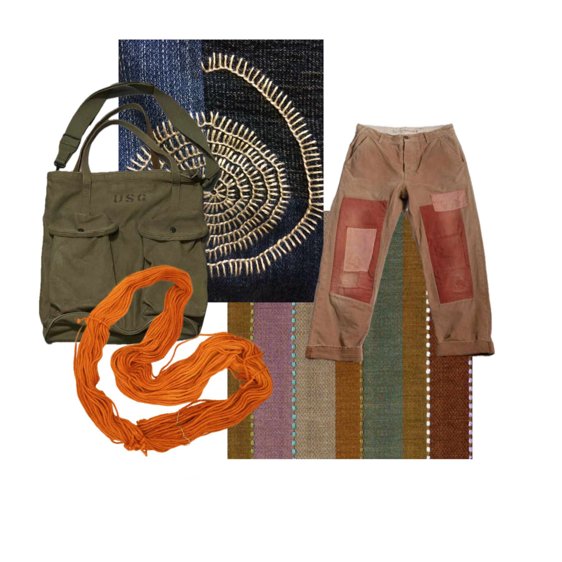 Mood board collage with military bag, orange yarn, denim, woven textile, and patched pants