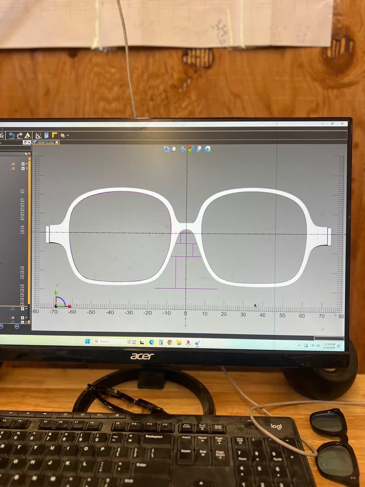 Final CAD model of sunglasses on Acer monitor