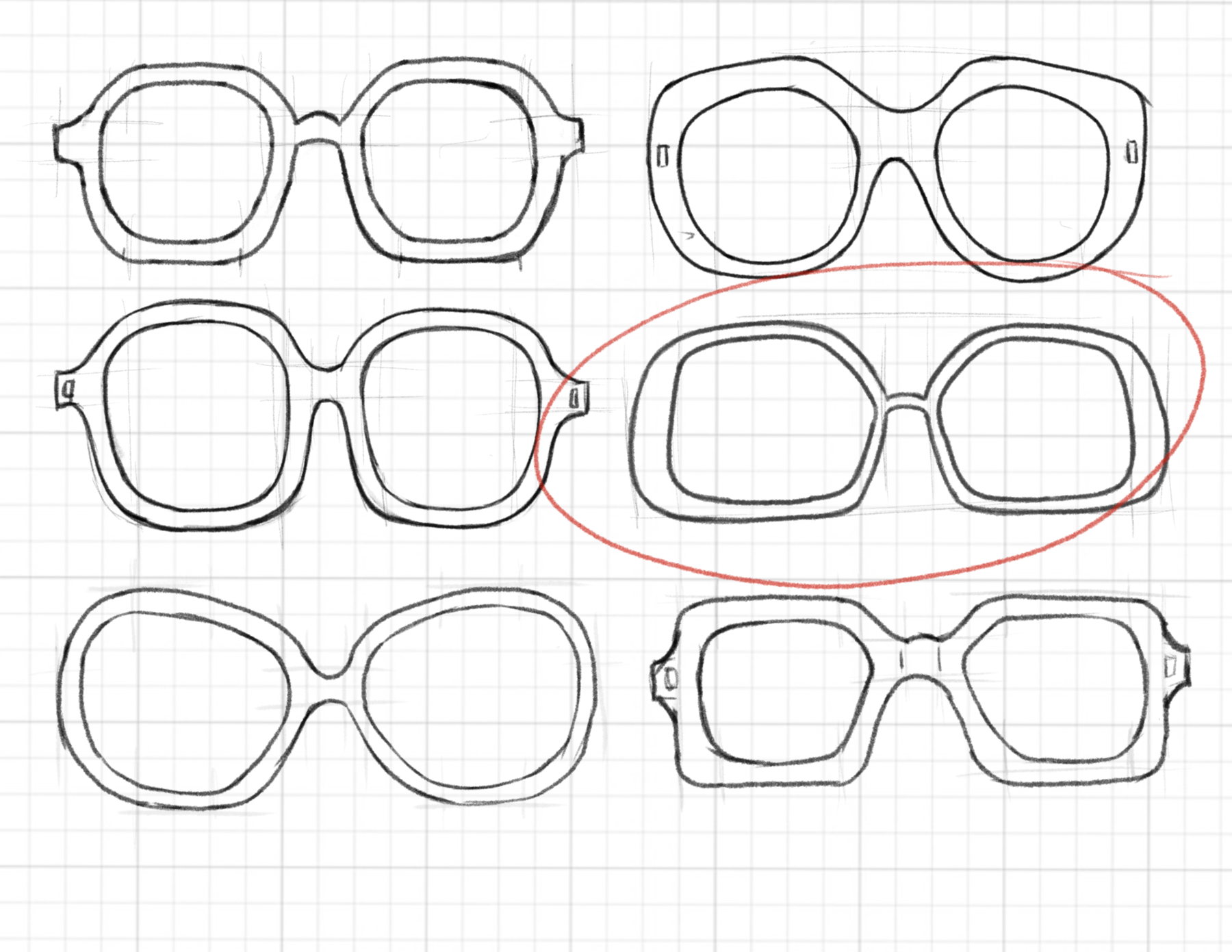 Hand-drawn sunglasses concept sketches with one design circled
