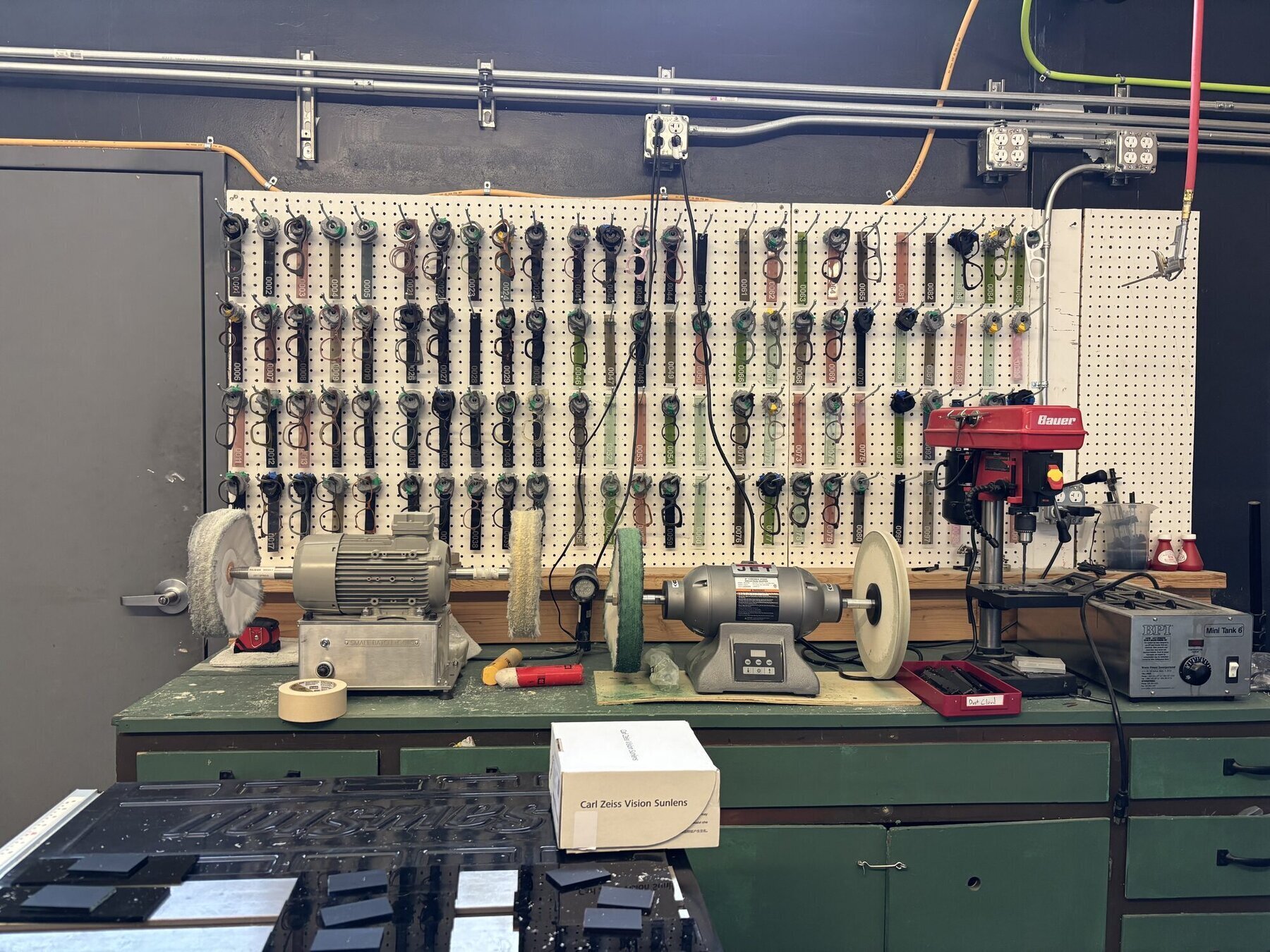 Sidecar workshop with tools and frame display