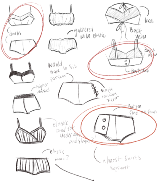 Detailed swimwear design sketches with annotations